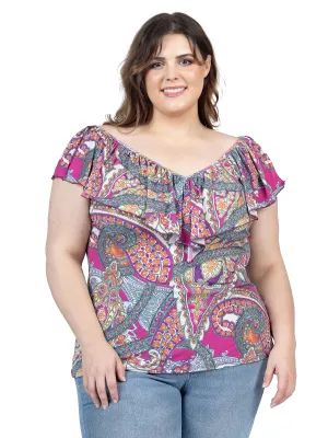 Cap Sleeve Pink Paisley Print Ruffle V Neck Plus Size Top