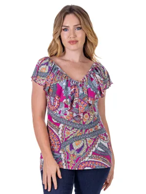 Cap Sleeve Pink Paisley Print Ruffle V Neck Womens Top