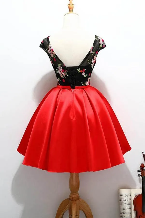 Cap Sleeve Red and Black Cute Homecoming Short Prom Dresses PD218