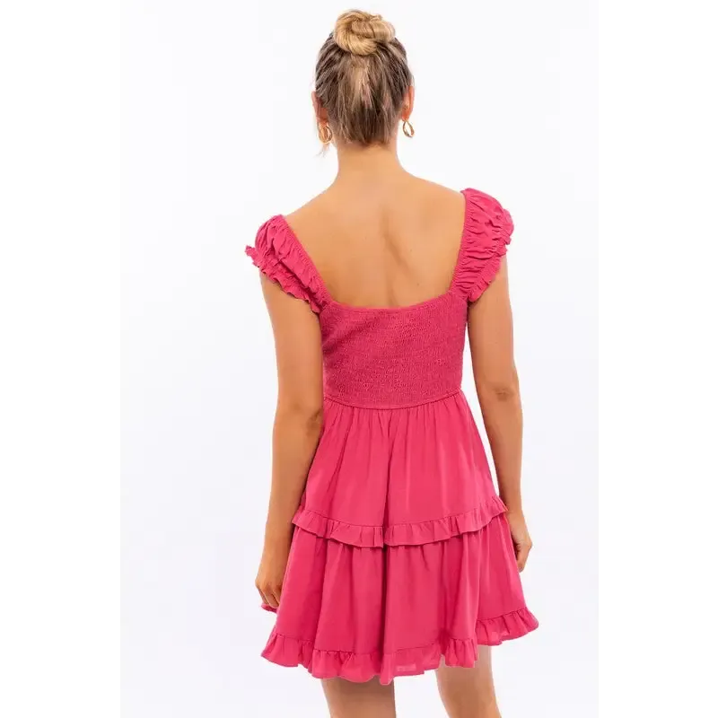 CAP SLEEVE RUFFLE MINI DRESS