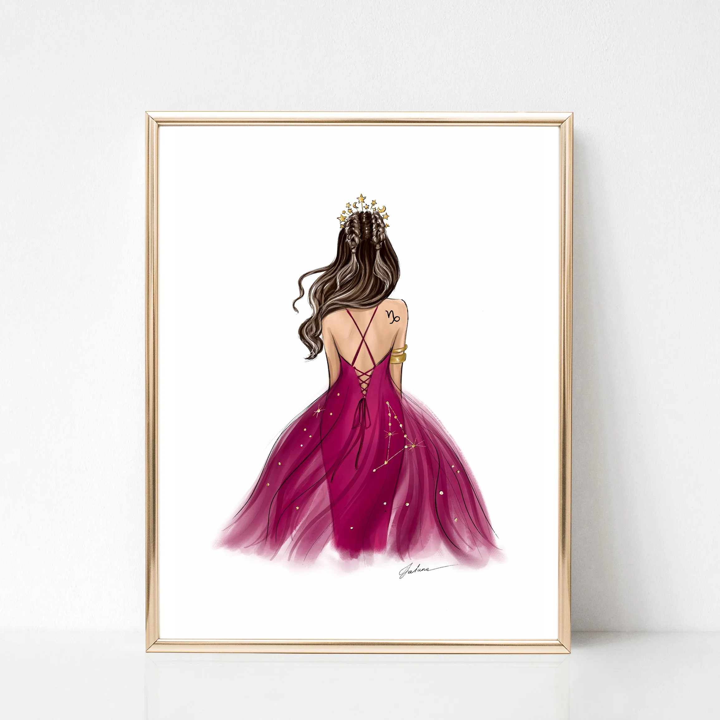 Capricorn Sign Girl in green or ruby dress Zodiac inspired fashion illustration art print