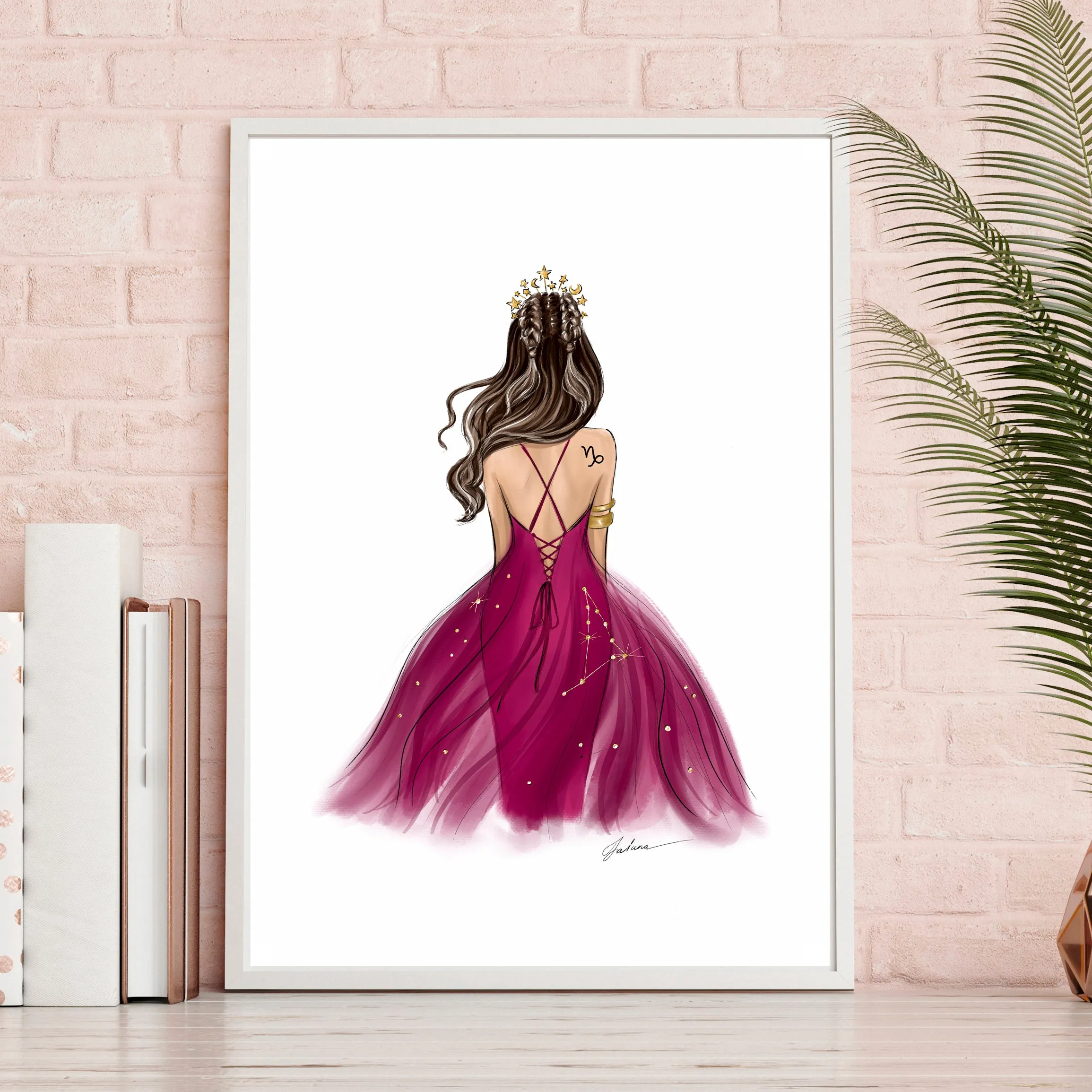 Capricorn Sign Girl in green or ruby dress Zodiac inspired fashion illustration art print