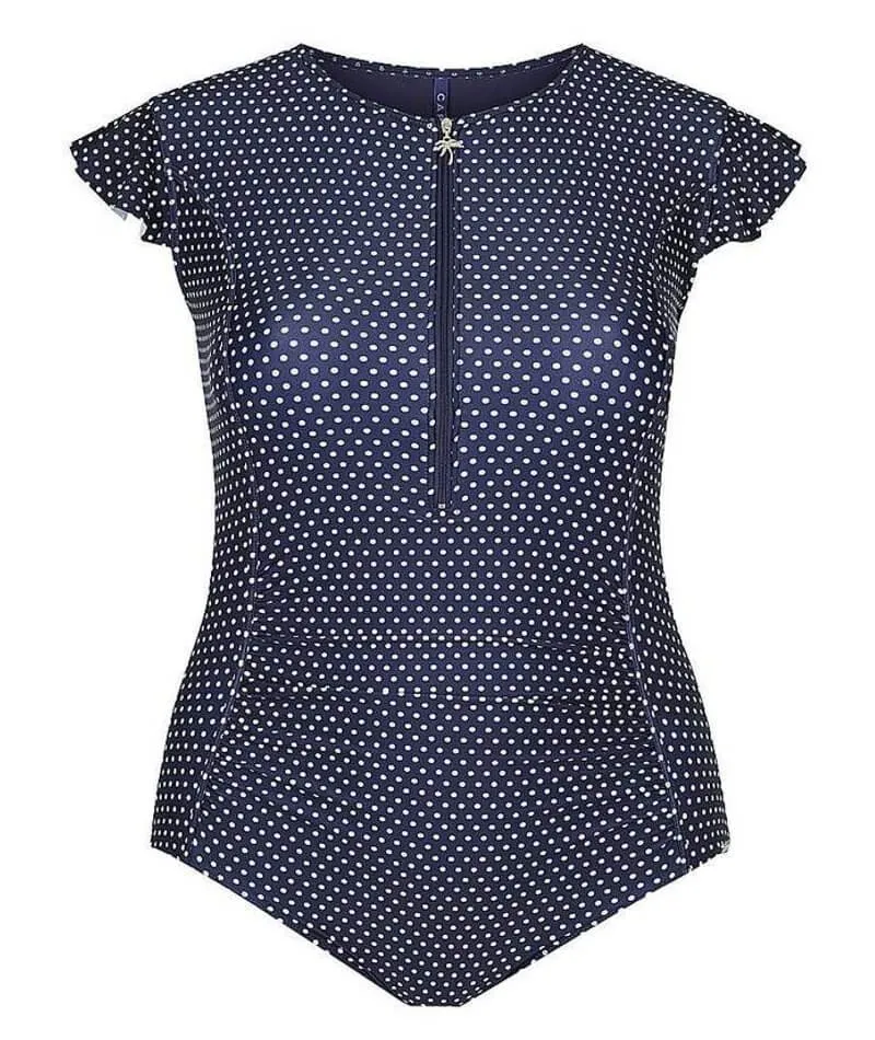 Capriosca Frill Sleeve One Piece Swimsuit - Navy & White Dots