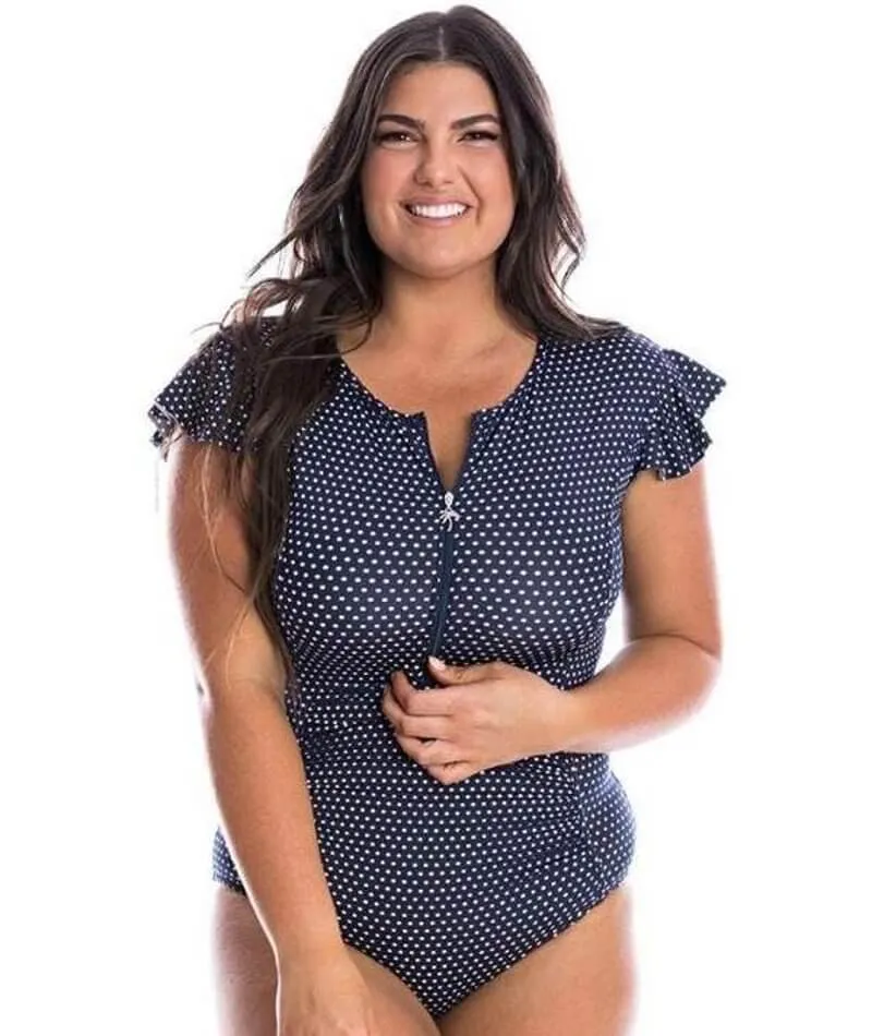 Capriosca Frill Sleeve One Piece Swimsuit - Navy & White Dots