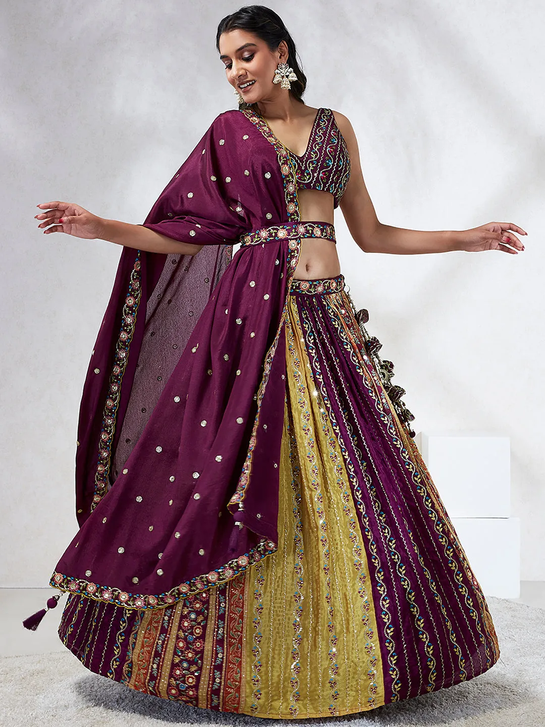 Captivating Burgundy Chiffon Lehenga Choli Set with Sequinned Embroidery and Position Print