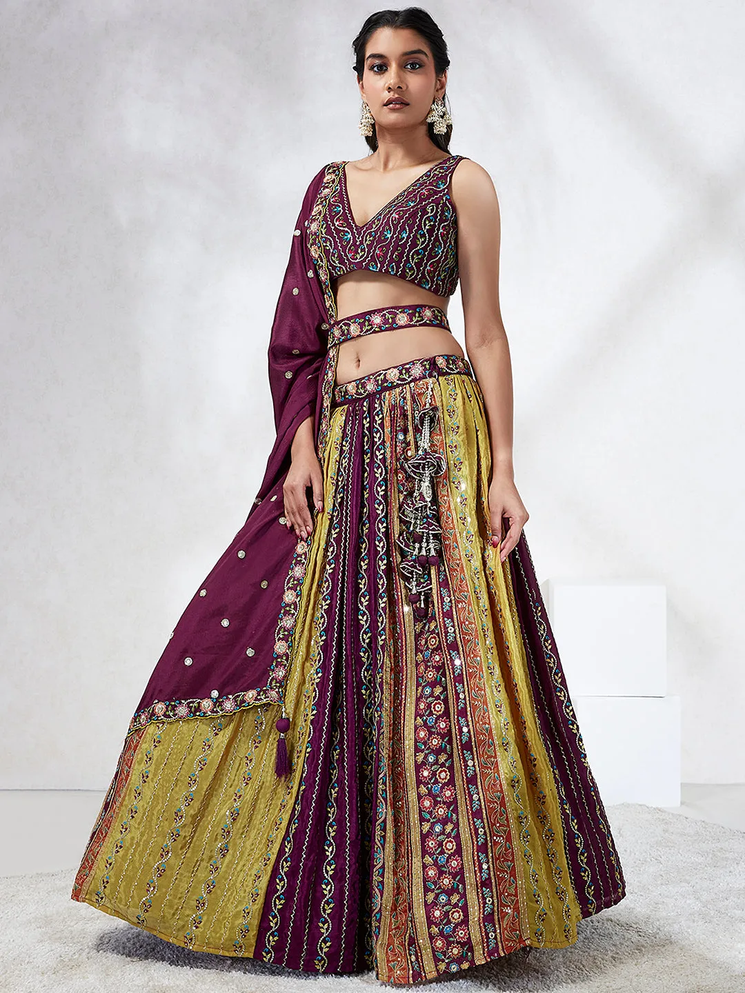 Captivating Burgundy Chiffon Lehenga Choli Set with Sequinned Embroidery and Position Print