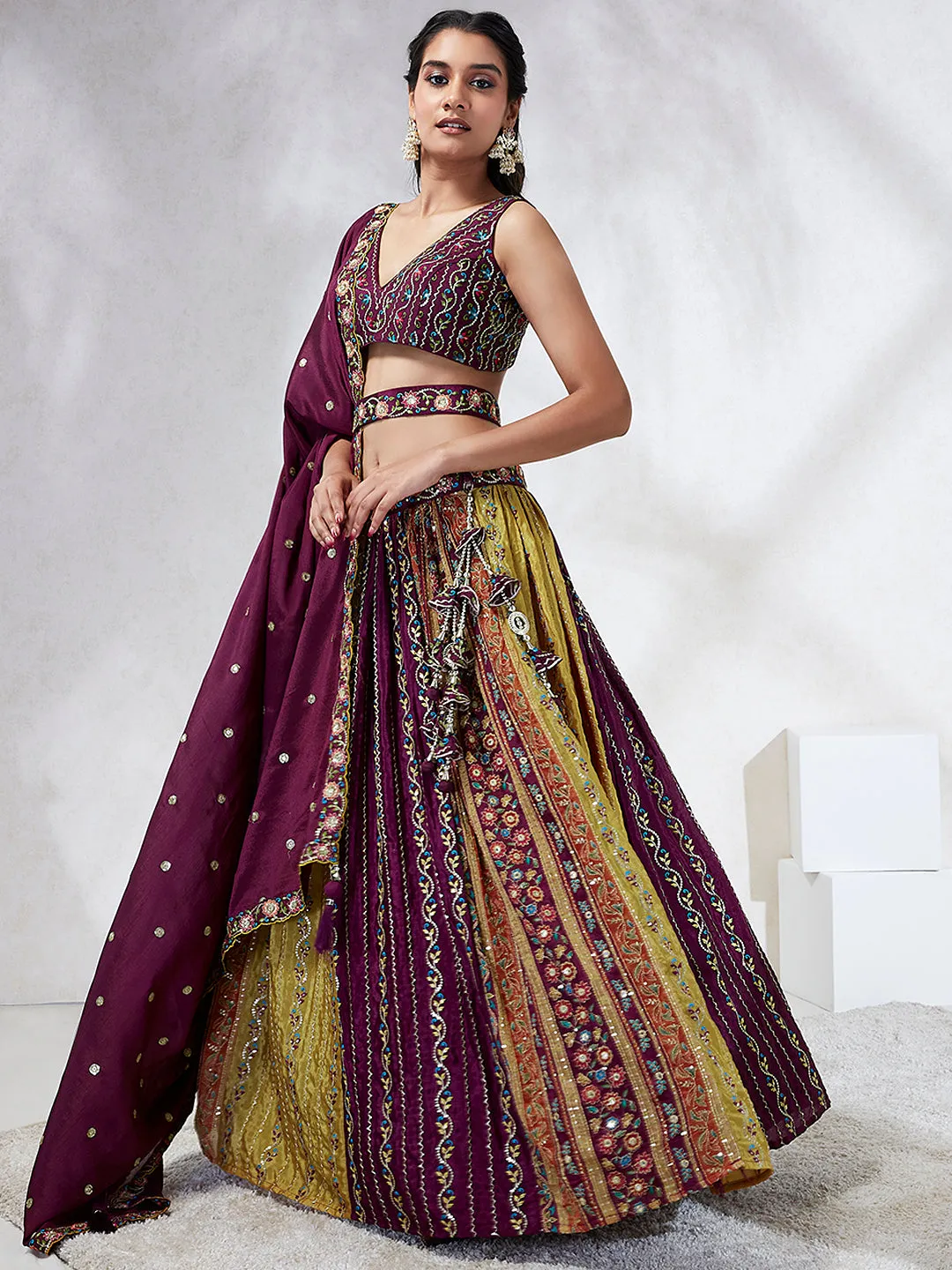 Captivating Burgundy Chiffon Lehenga Choli Set with Sequinned Embroidery and Position Print