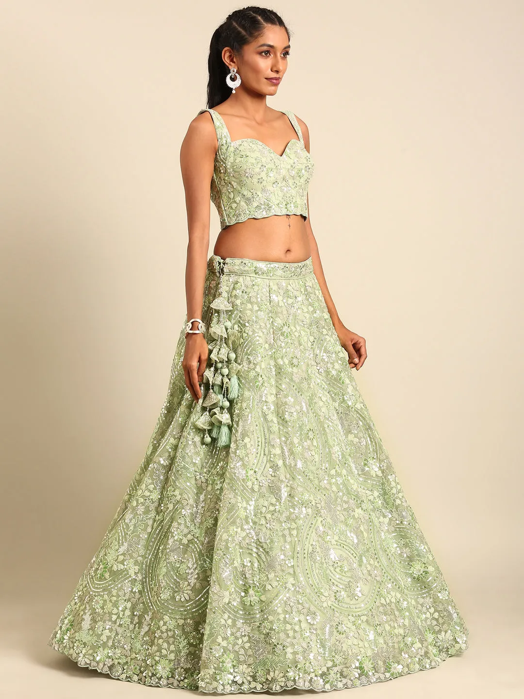 Captivating Lime Green Net Lehenga with Zari & Sequin Embroidery