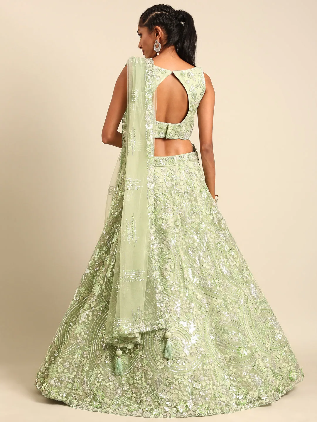 Captivating Lime Green Net Lehenga with Zari & Sequin Embroidery