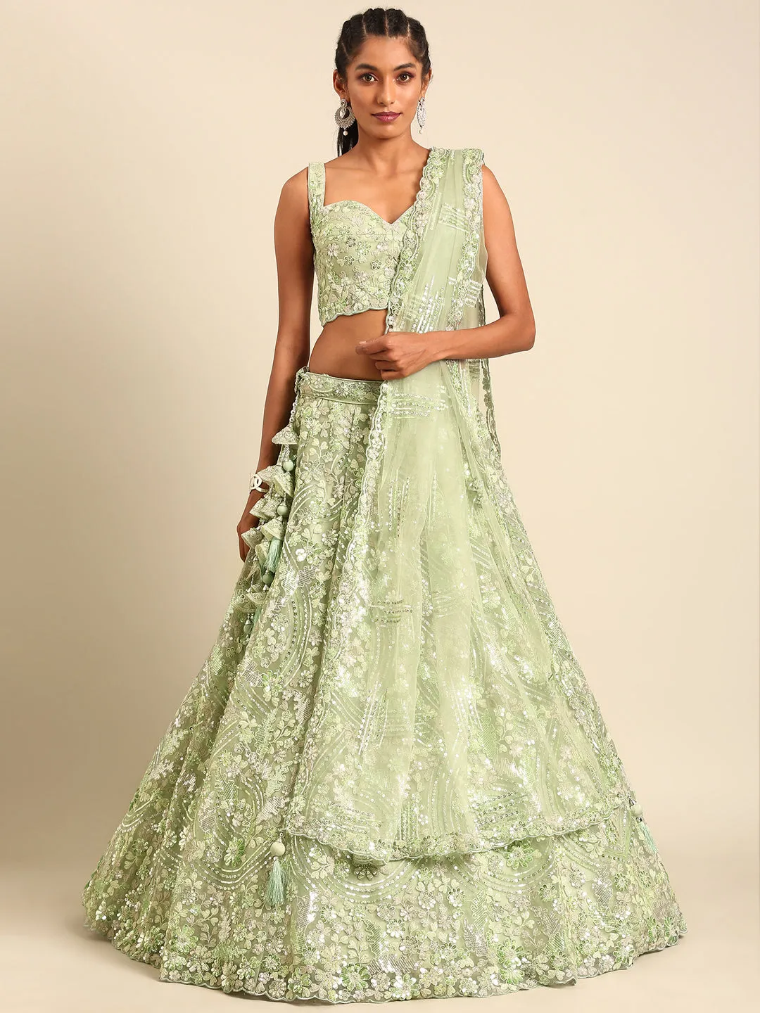 Captivating Lime Green Net Lehenga with Zari & Sequin Embroidery