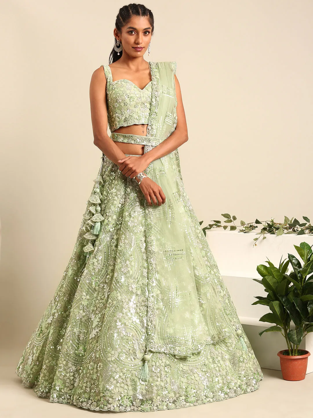 Captivating Lime Green Net Lehenga with Zari & Sequin Embroidery