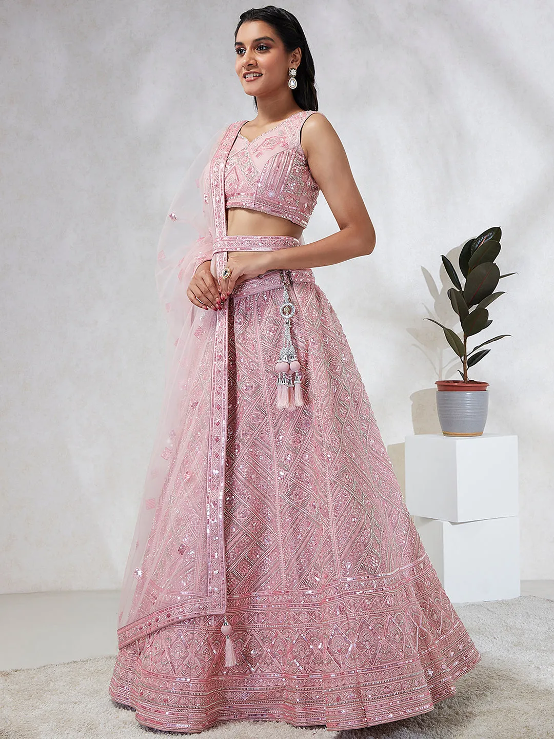 Captivating Pink Net Lehenga Choli Set with Cutdana, Sequins & Zardosi Embroidery