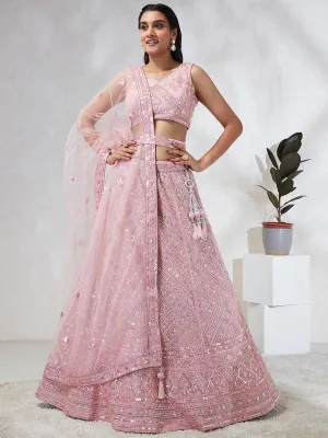 Captivating Pink Net Lehenga Choli Set with Cutdana, Sequins & Zardosi Embroidery