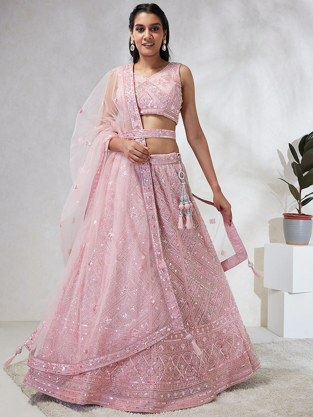 Captivating Pink Net Lehenga Choli Set with Cutdana, Sequins & Zardosi Embroidery