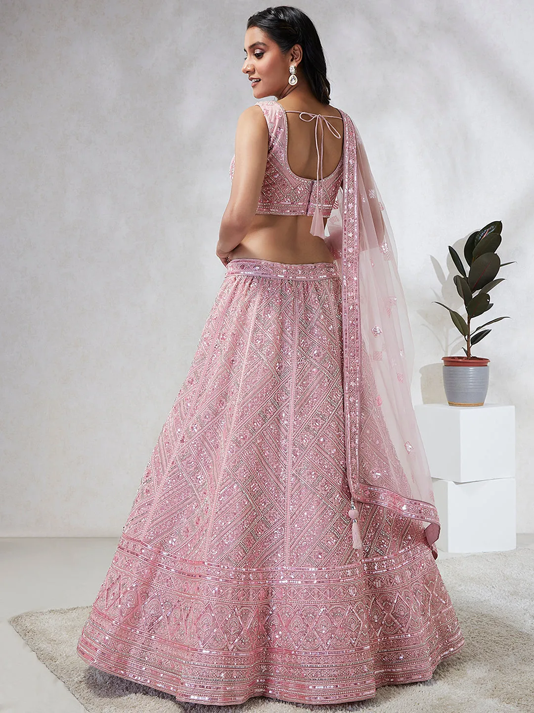 Captivating Pink Net Lehenga Choli Set with Cutdana, Sequins & Zardosi Embroidery