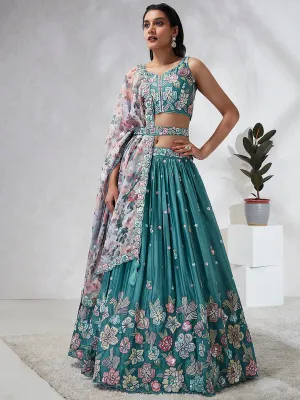 Captivating Turquoise Blue Sequinned Lehenga Choli Set - Mesmerize in Multicolored Embroidered Elegance