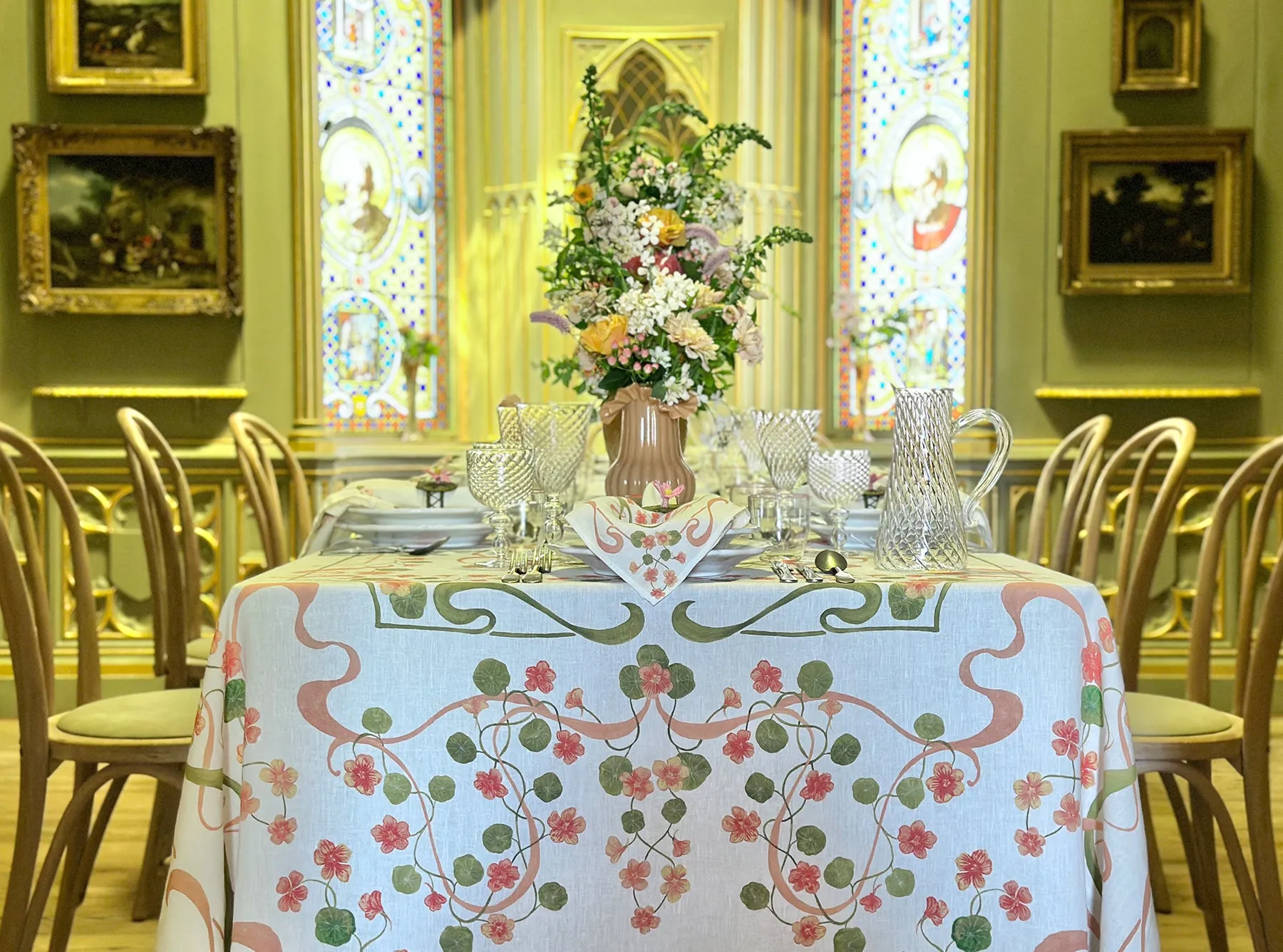 'Capucines' Linen Napkin in Peach Pink & Avocado Green