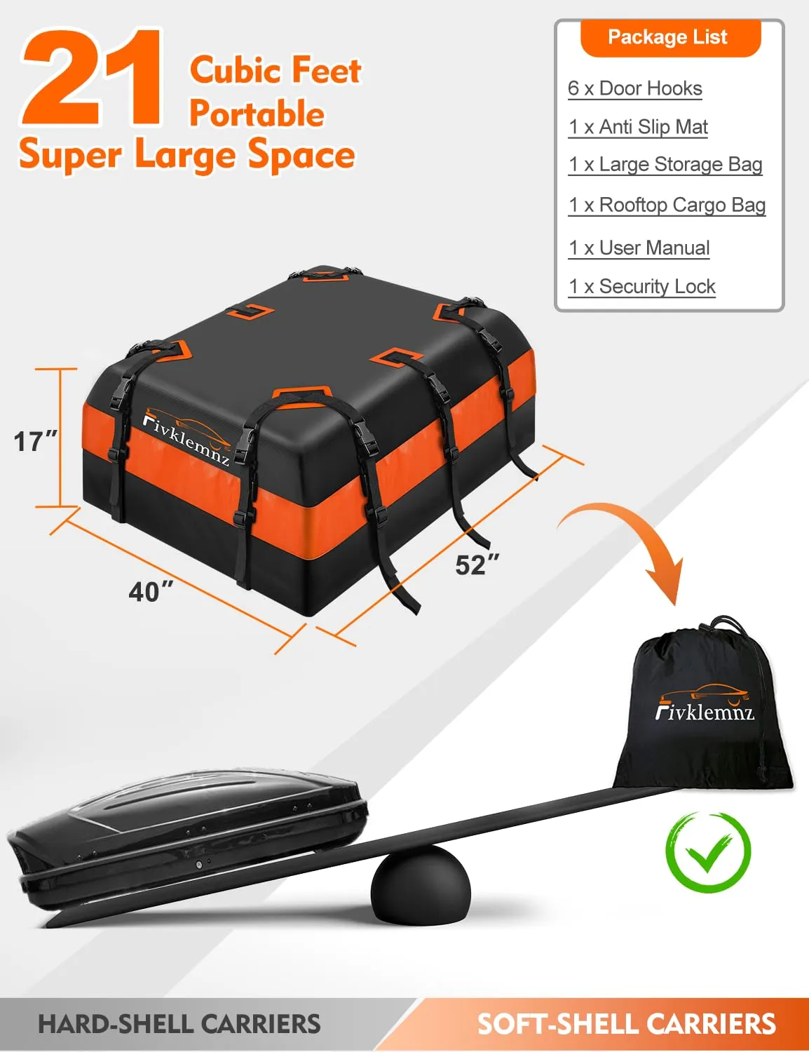 Car Roof Bag Cargo Carrier, 21 Cubic.