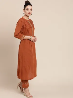 Caramel Brown Embroidered Kurta Set