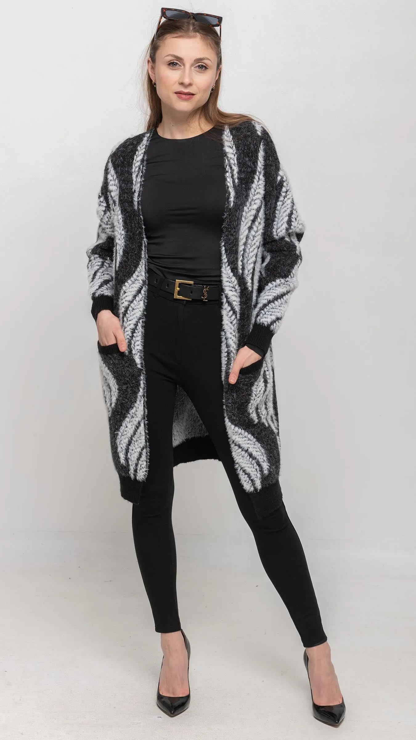 Cardigan Sweater in Black and White Feather Printed