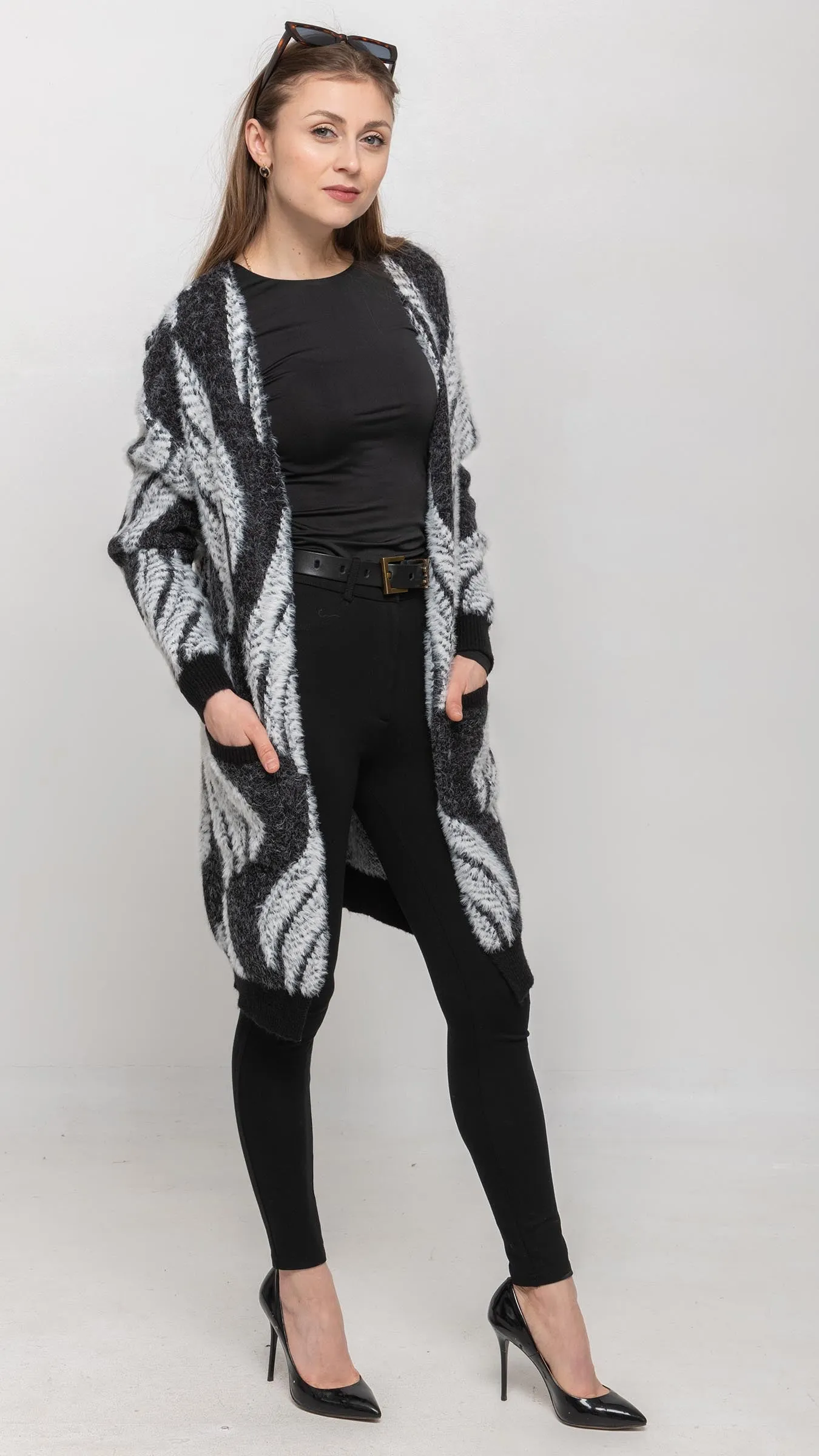 Cardigan Sweater in Black and White Feather Printed