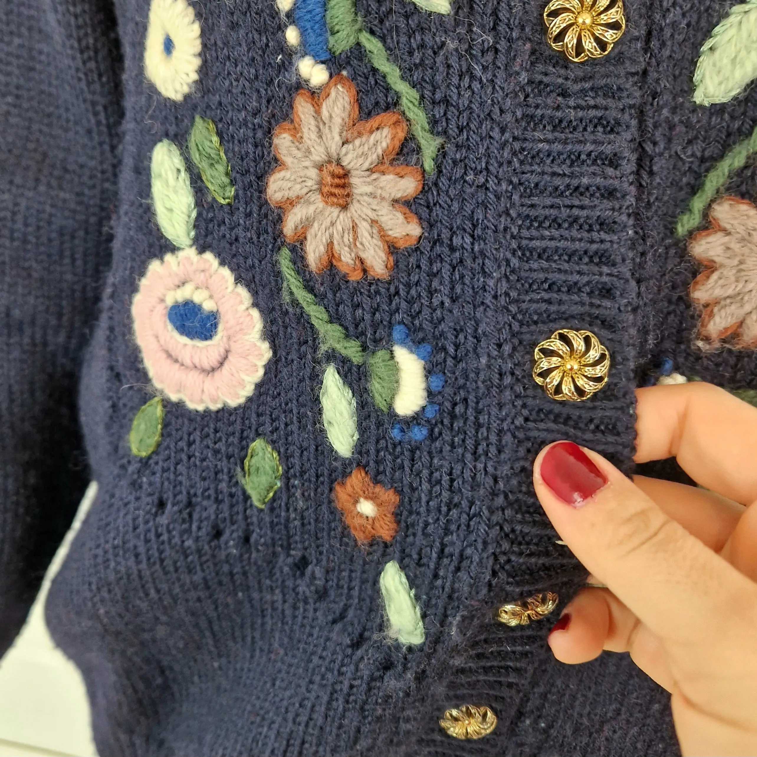 Cardigan vintage blu ricamo fiori