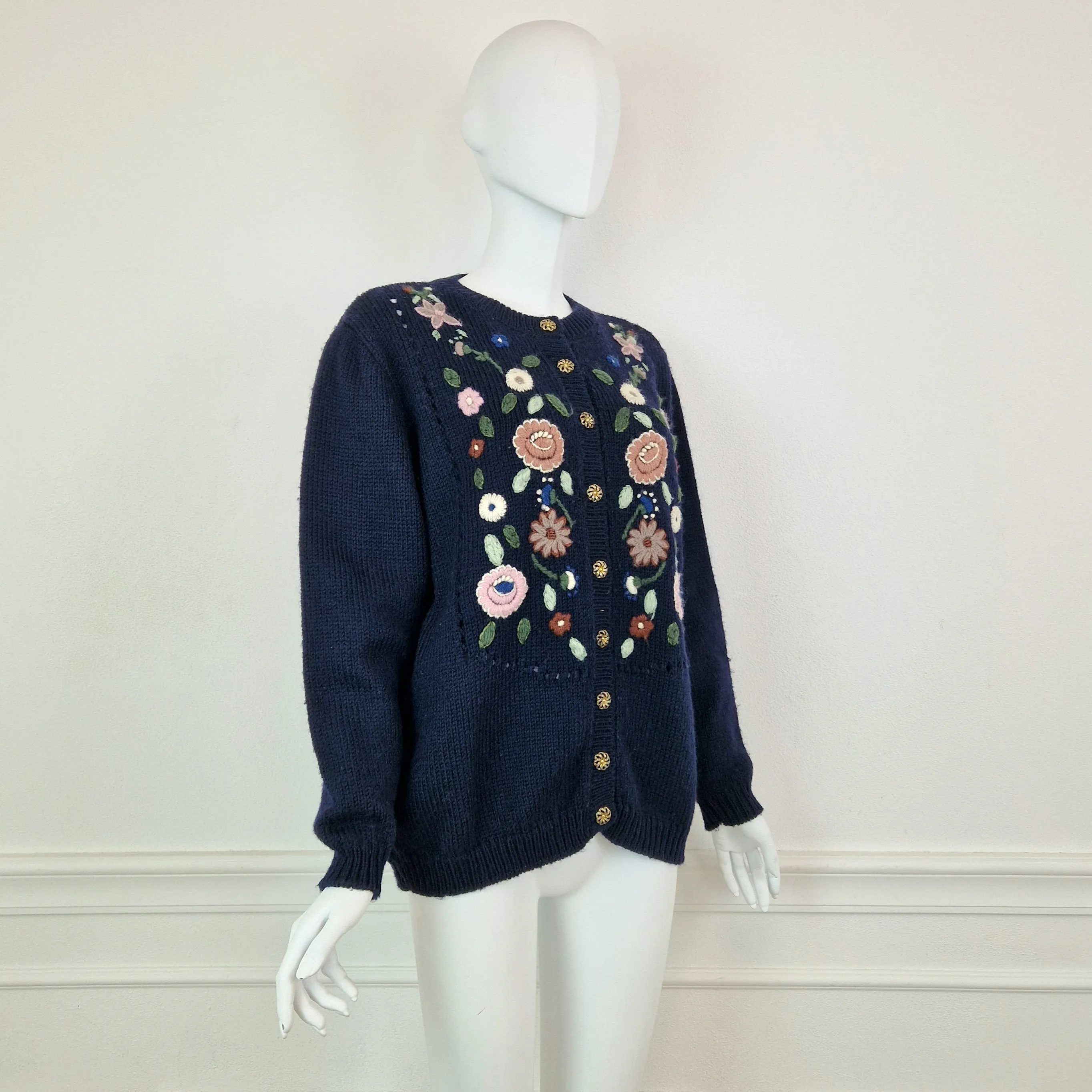 Cardigan vintage blu ricamo fiori