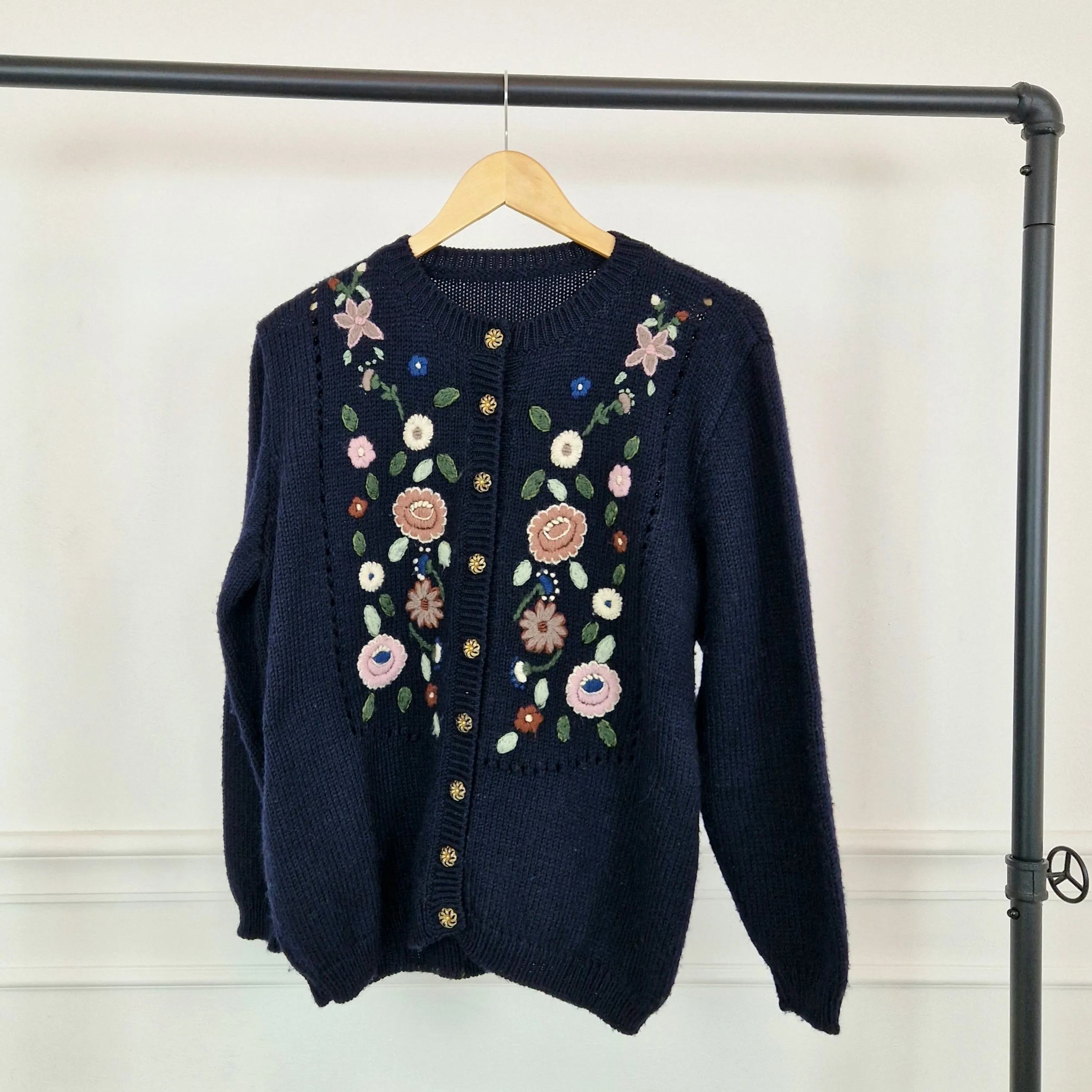 Cardigan vintage blu ricamo fiori