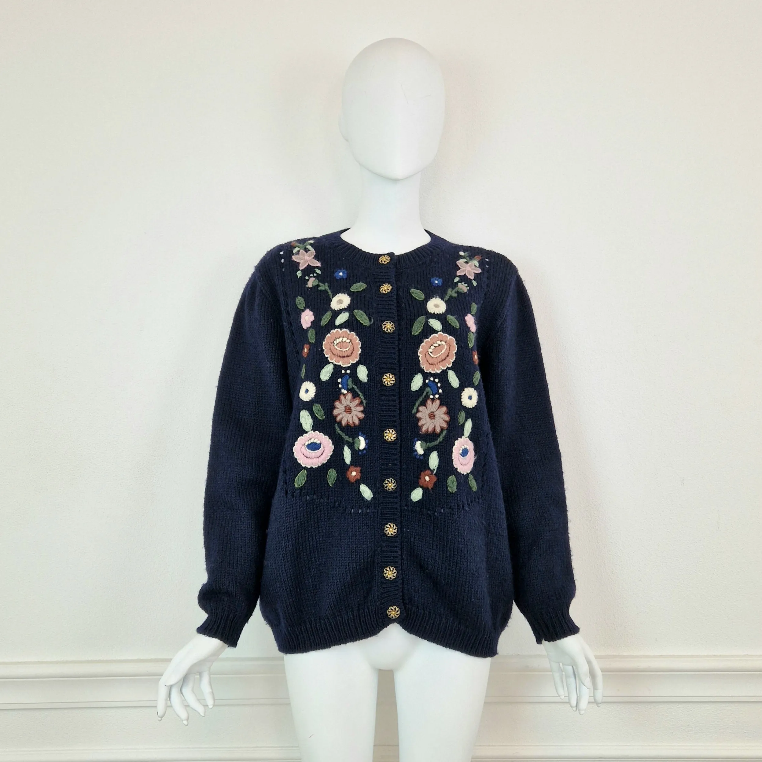 Cardigan vintage blu ricamo fiori