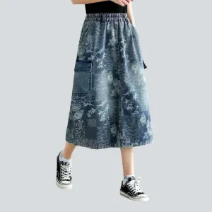 Cargo floral print denim skirt