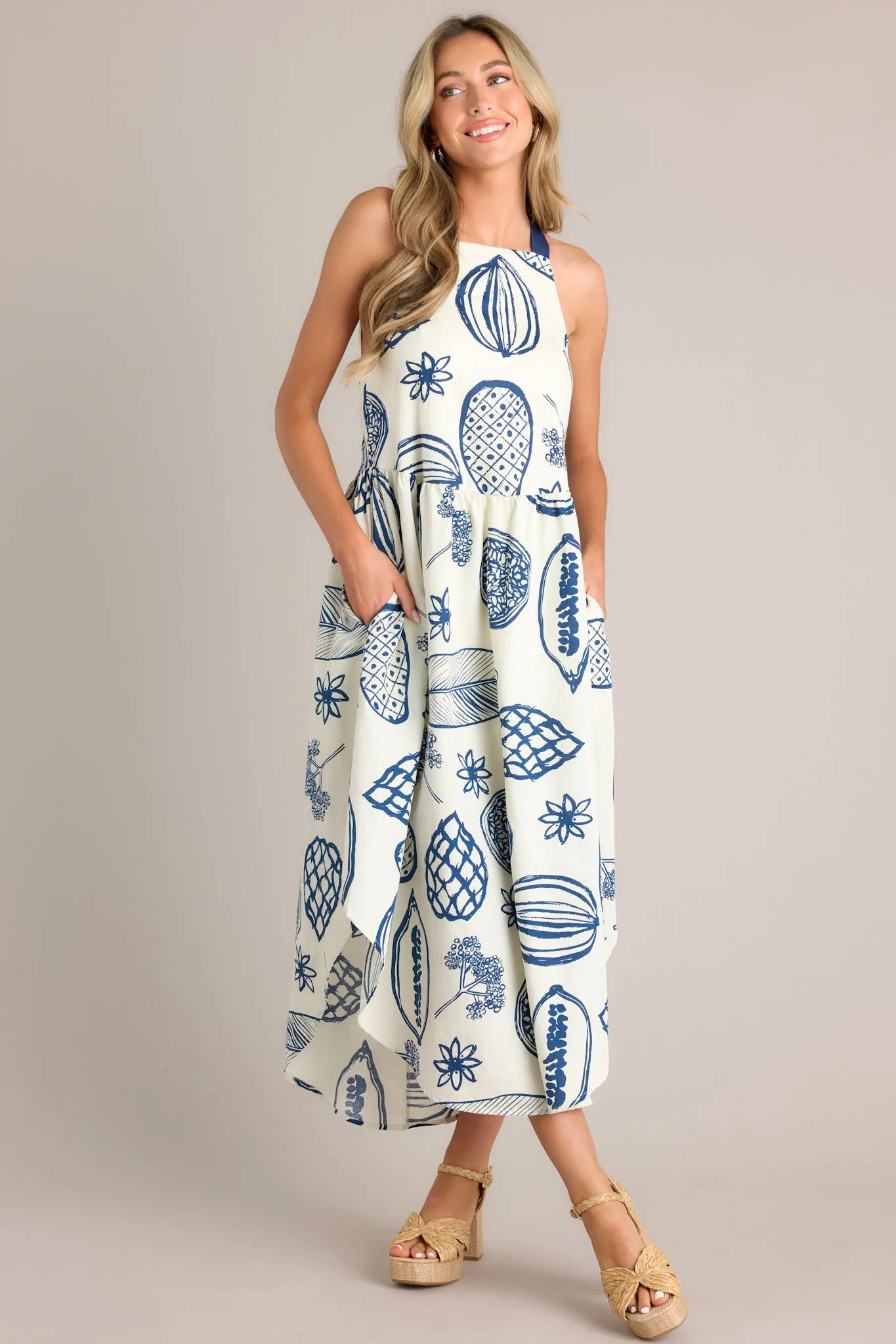 Caribbean Bliss Navy Tropical Print Midi Dress