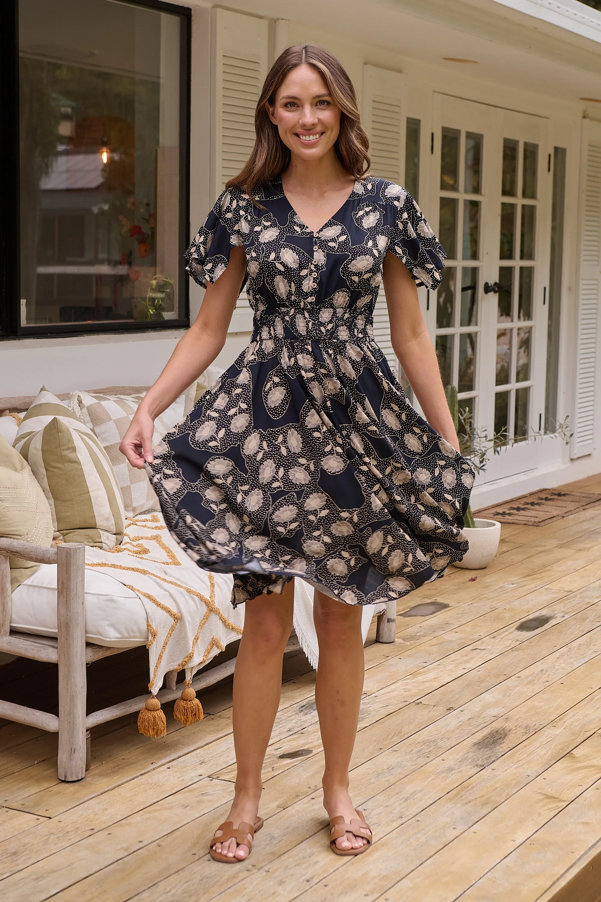 Carina Button Front Navy/Beige Print Summer Dress