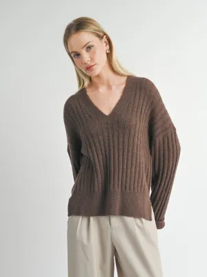 Carli V-Neck Pullover Sweater - Chocolate Brown