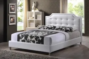 Carlotta White Faux Leather Platform Bed w/Upholstered Headboard (Queen)