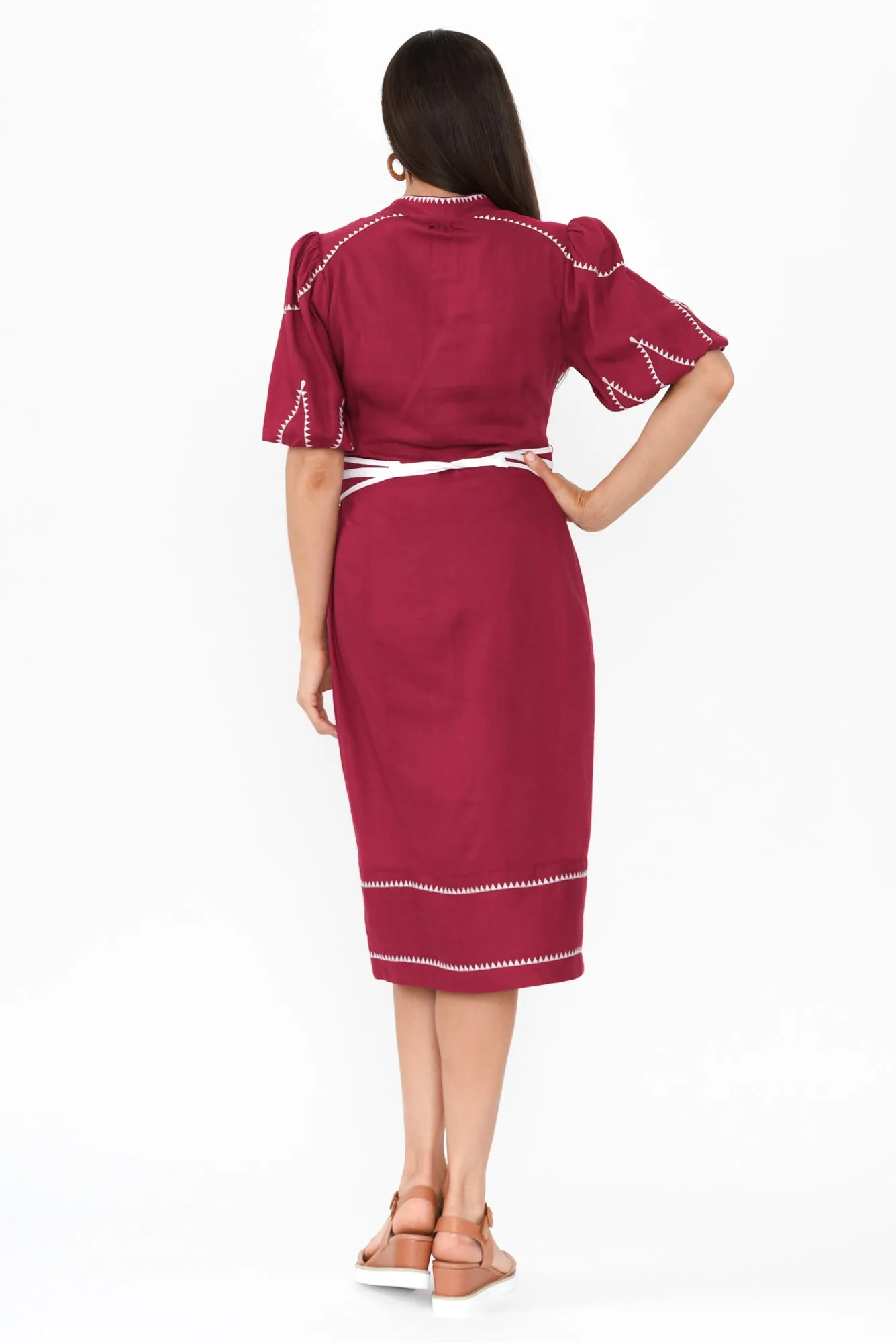 Carlyle Crimson Embroidered Linen Blend Dress