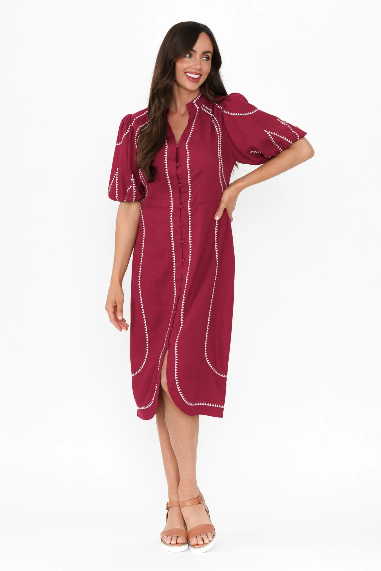 Carlyle Crimson Embroidered Linen Blend Dress