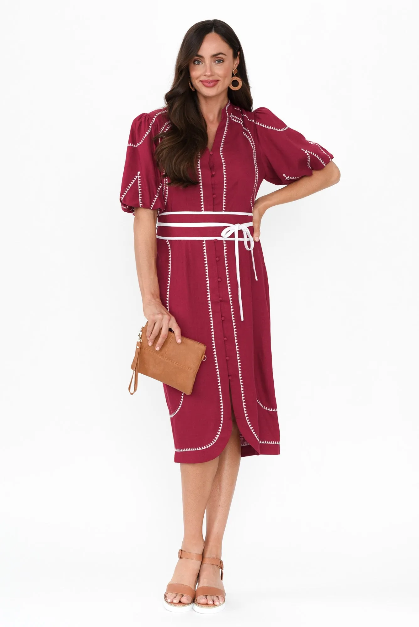 Carlyle Crimson Embroidered Linen Blend Dress