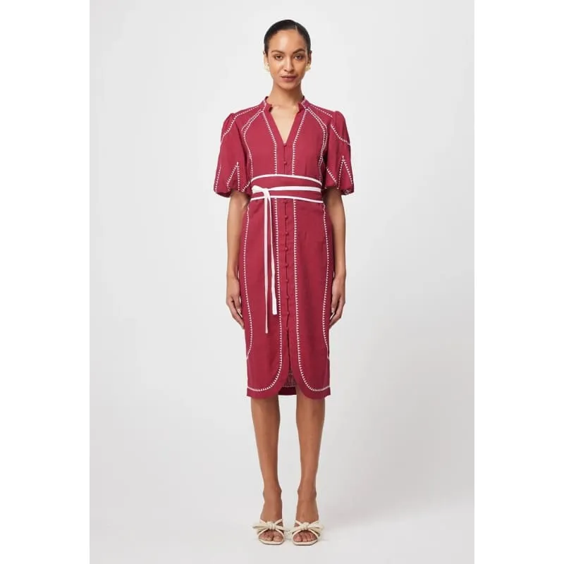 Carlyle Embroidered Linen Viscose Dress | Crimson