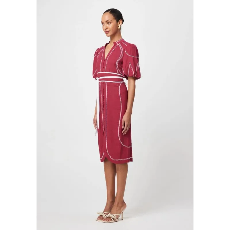 Carlyle Embroidered Linen Viscose Dress | Crimson