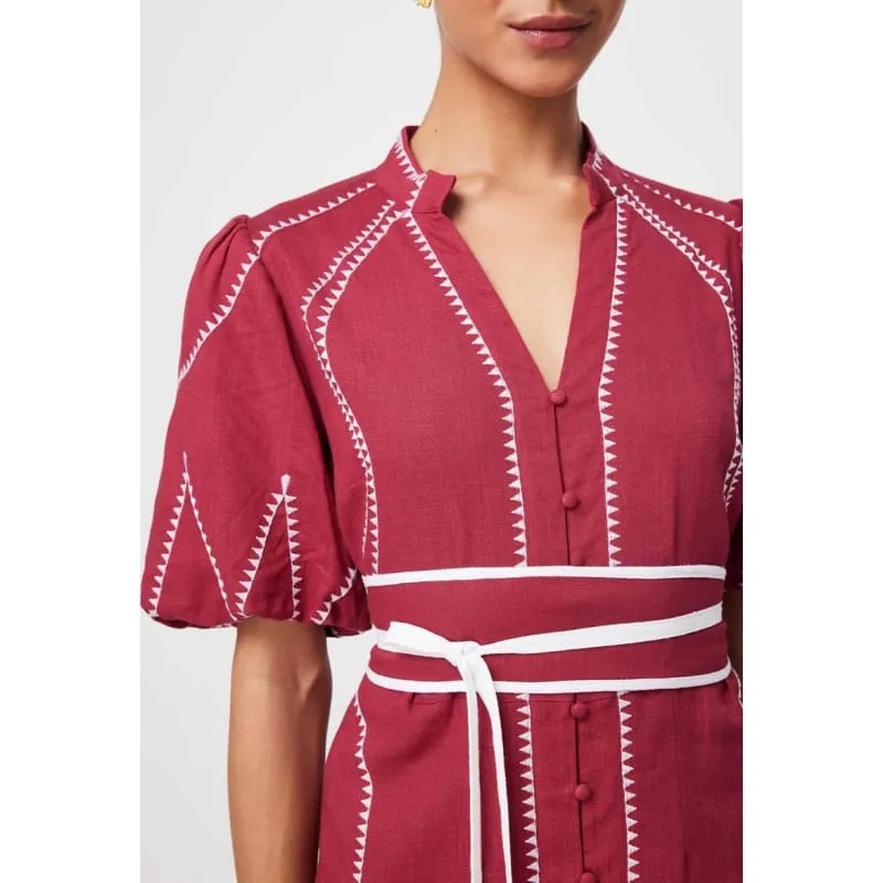 Carlyle Embroidered Linen Viscose Dress | Crimson