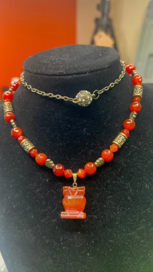 Carnelian and Red Tiger Eye with Carnelian Owl Pendant Necklace and magnetic clasp