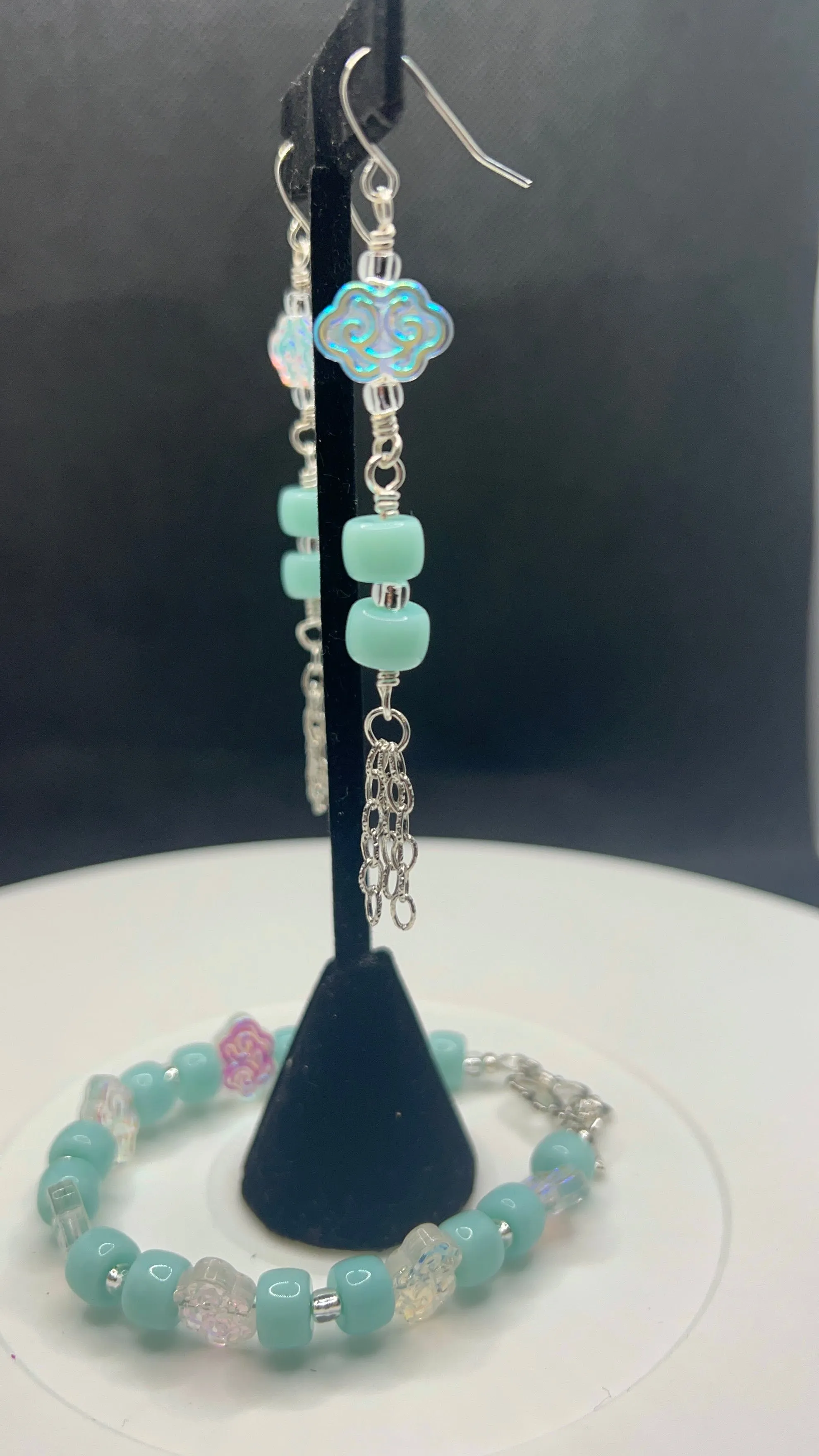 Carolina Blue and Silver Flower Bracelet and Dangle Earrings