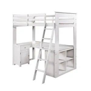 Caroline Multifunction Twin Loft Bed w/Bookcase, Drawer - Gray