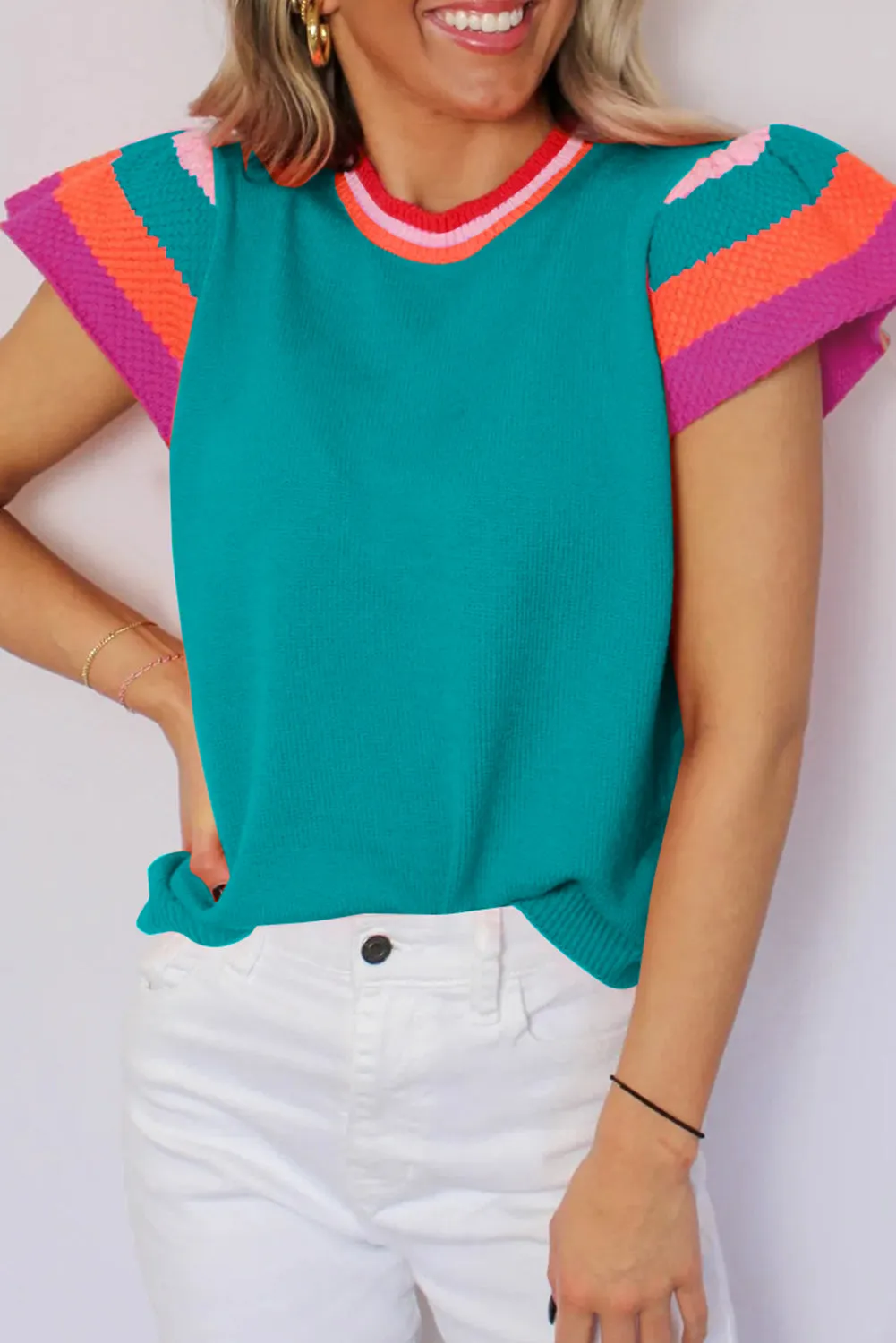 Carrot Contrast Color Striped Sleeve Knitted Tee