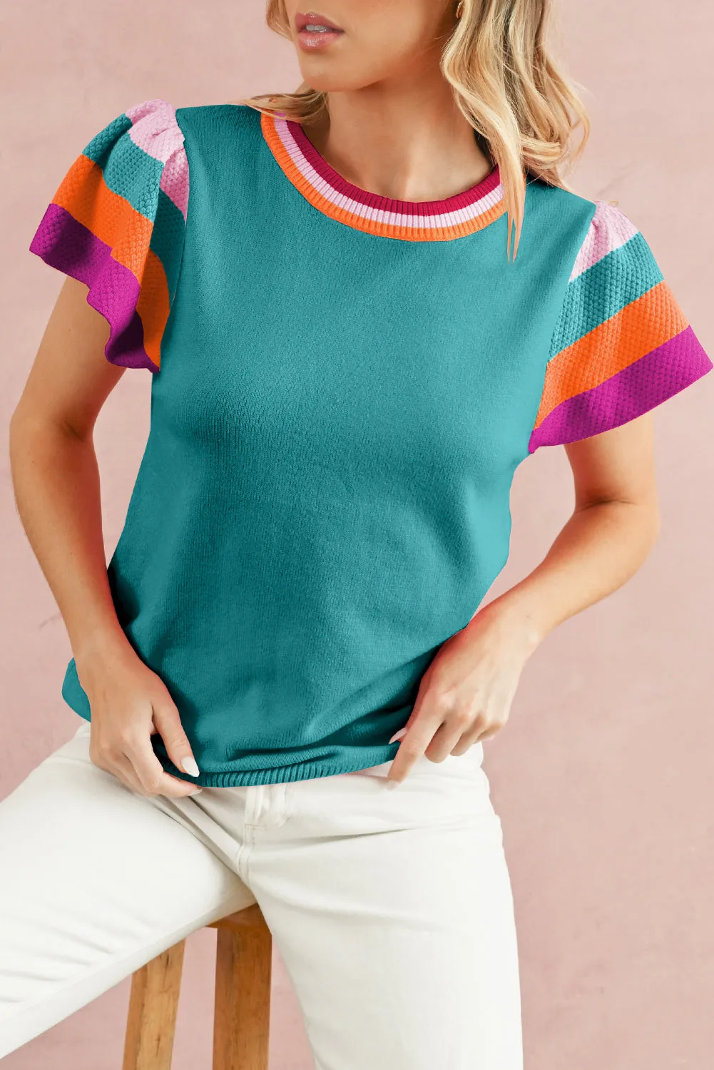 Carrot Contrast Color Striped Sleeve Knitted Tee