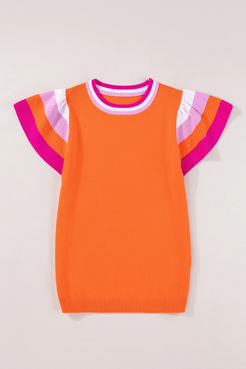 Carrot Contrast Color Striped Sleeve Knitted Tee