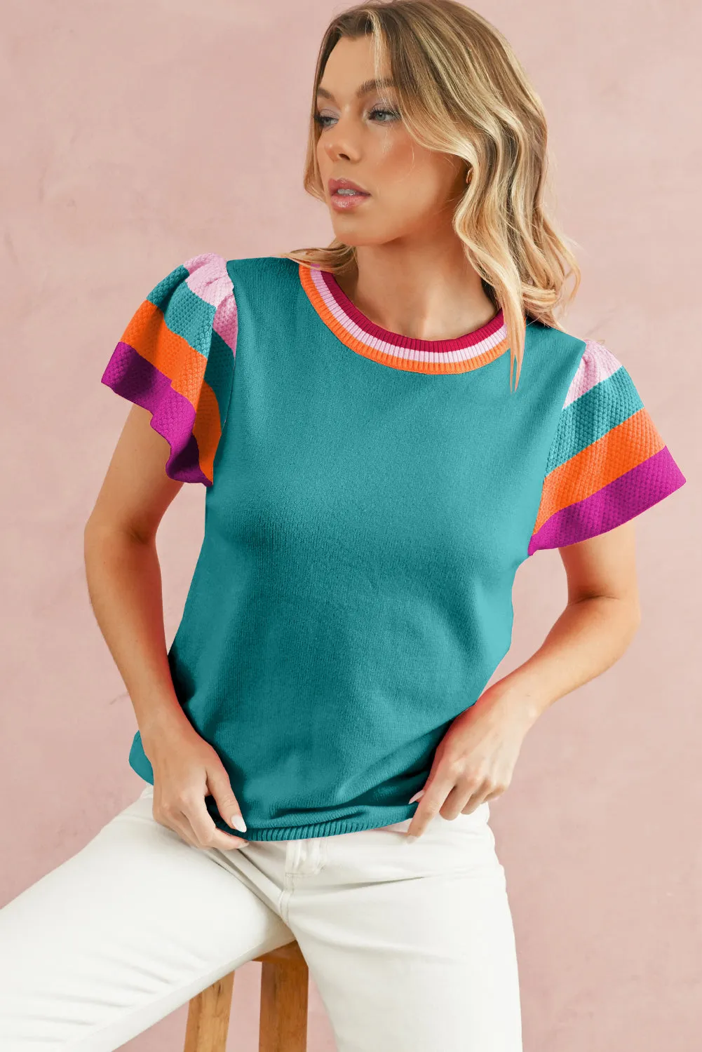 Carrot Contrast Color Striped Sleeve Knitted Tee