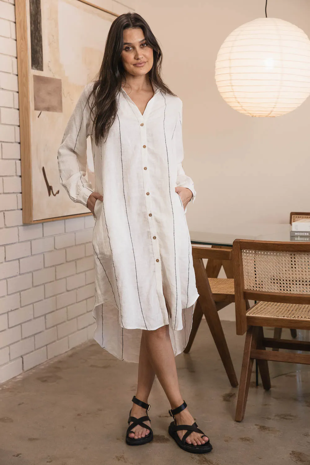 Carter Fundamental Linen Shirt Dress - Off White w' Charcoal Stripe