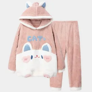 Cartoon Cat Letter Embroidery Hooded Pajamas Set