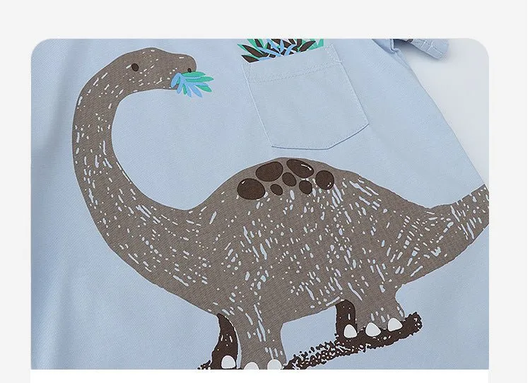 Cartoon Dinosaur/Monkey Print Design Tee with Shorts Set